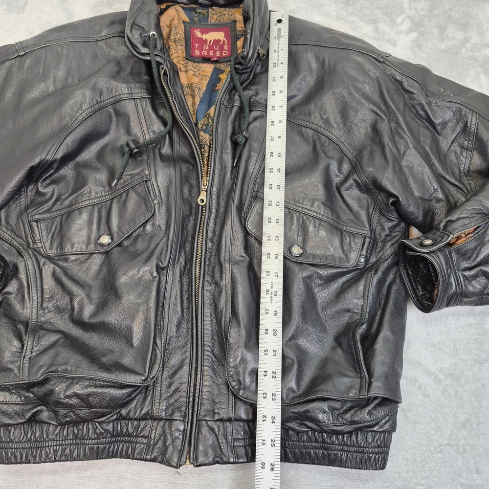 True Breed Mens Black Leather Bomber Jacket Vintage Map Lining Size M - Picture 8 of 13